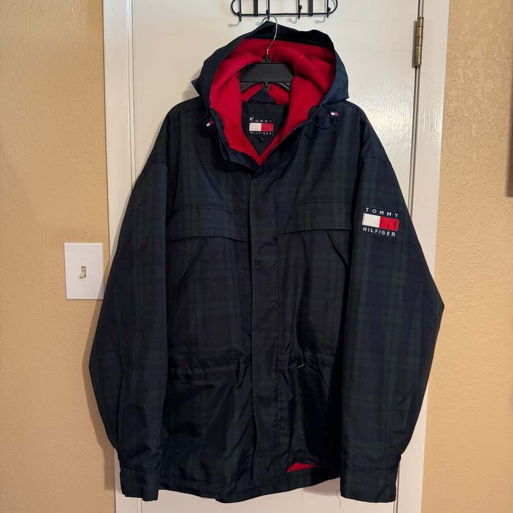 Vintage Tommy Hilfiger Flag Jacket Mens L Black Watch Plaid Red Fleece Hooded
